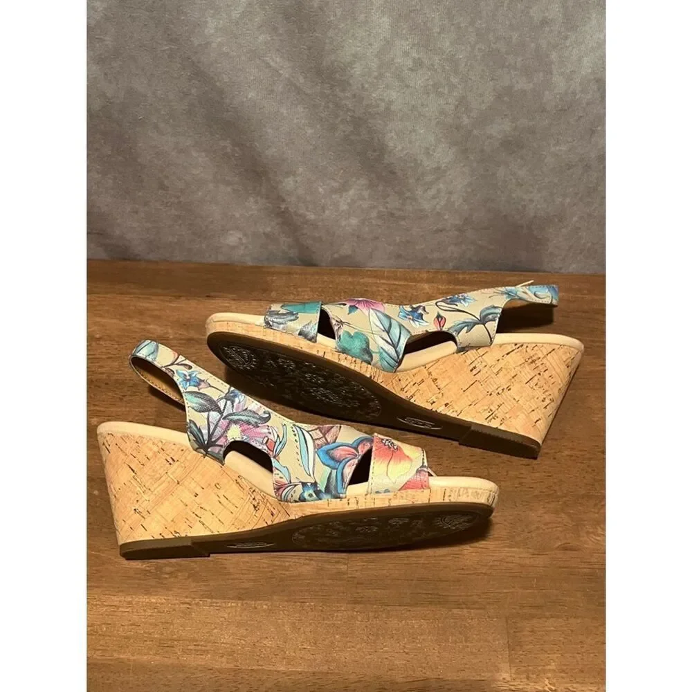 Sofft Floral Multicolor Slingback Leather Wedge Sandals size 8